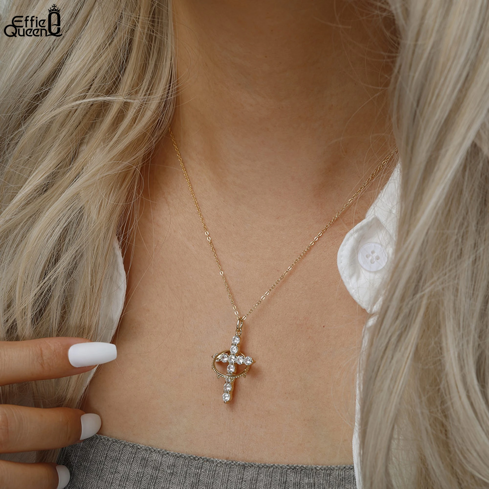 

Серебряное ожерелье Effie Queen S925 с кубическим цирконием и подвеской в ​​форме креста, ювелирные изделия для женщин, изящная цепочка с крестом из циркония, подарок SAPN52
