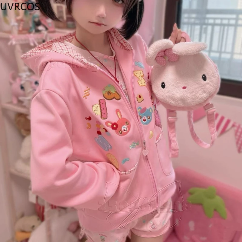 الوردي Kawaii منقوشة هوديس معطف اليابانية 2025 الملابس النسائية Y2k سستة طويلة الأكمام مقنعين الكرتون نمط جيب بلوزات