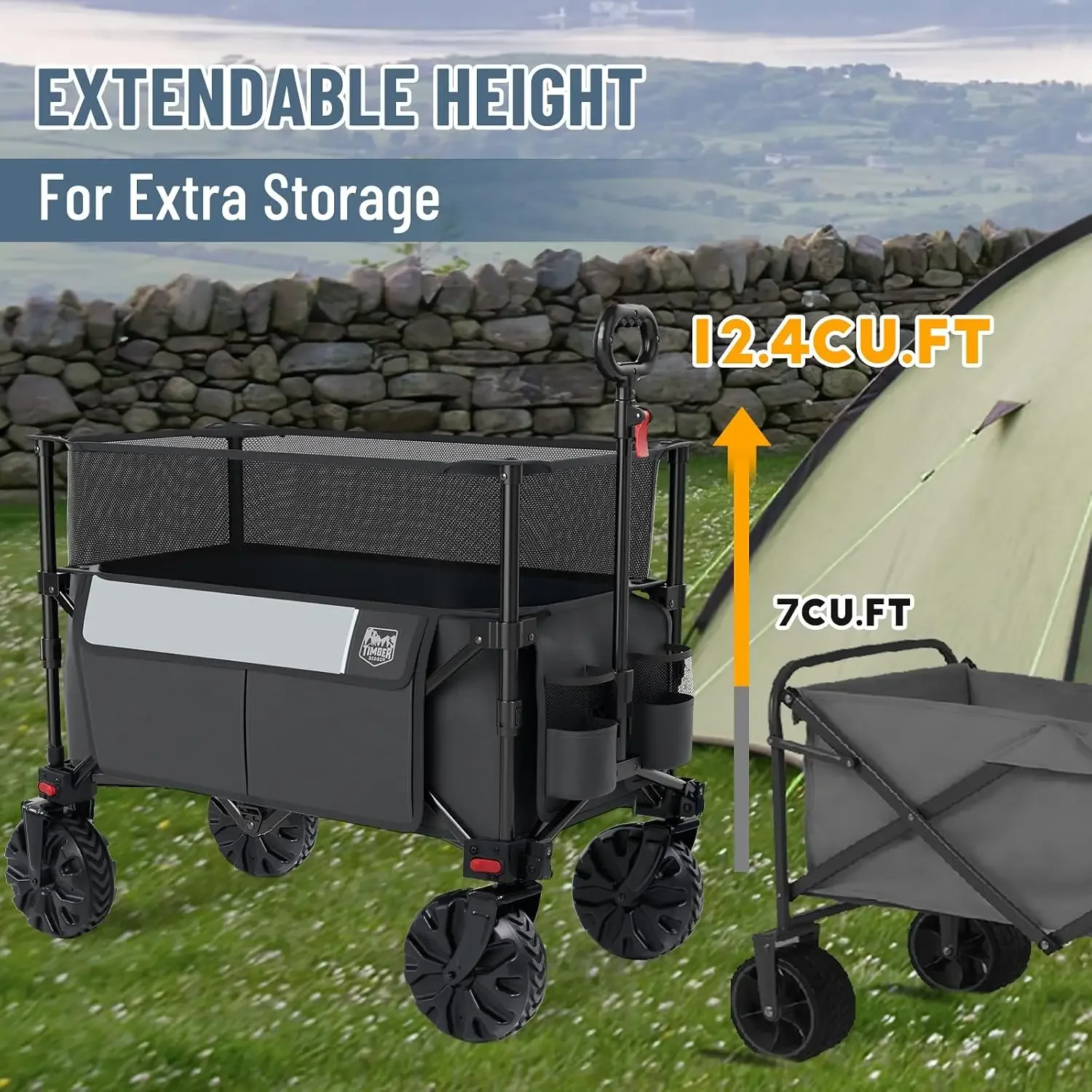 Foldable Wagon 350L Extendable Height, Large Capasity Collapsible Wagon Cart with All Terrians Detachable Wheels, Compact
