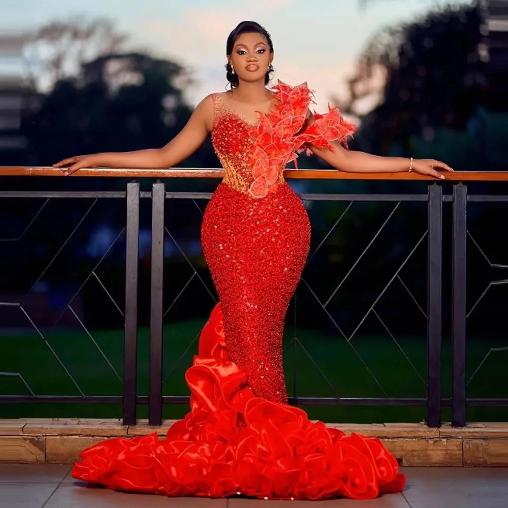 

Luxury Evening Dresses Bead Appliques Red Long Mermaid Evening Dress Ostrich Sequin Long Evening Gown Feather Vestido