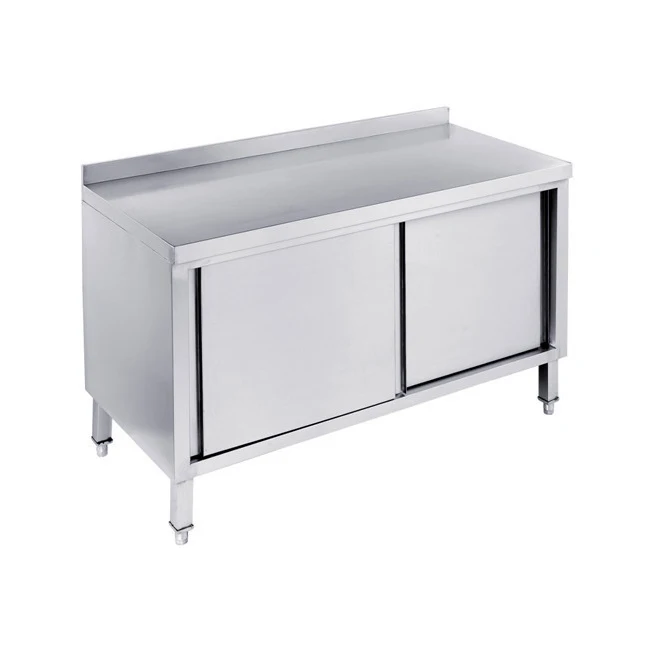 

Commercial Kitchen Stainless Steel Bench Cabinet With Sliding Doors And Splashback