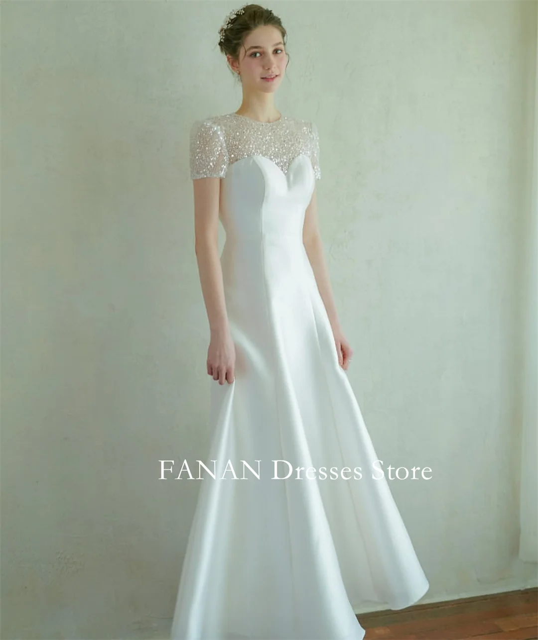 

FANAN Elegant A-Line Korea Ivory Satin Wedding Dresses 웨딩드레스 O-Neck Floor Length Custom Made Pretty Bride Gowns Plus Size