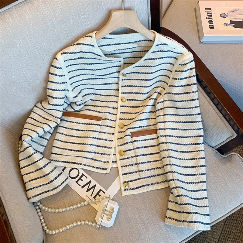 

Faionable Striped Color Blo round Ne Slim Fit Women's Jaet Spring Autumn Korean Sle Small Size Casual Top Open Card...