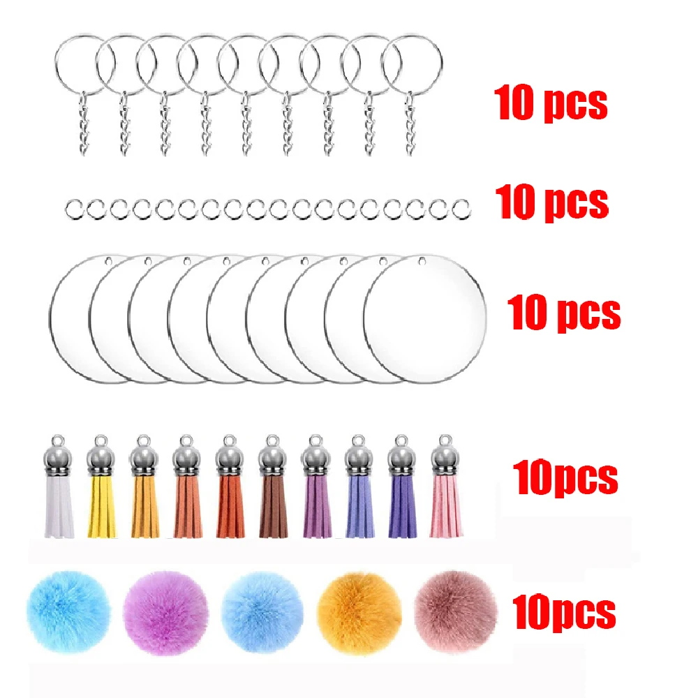 50pcs Key Ring Acrylic Blanks Keychain Tassels Set Round Clear Arylic Keychain Blanks Pom Pom Ball with Chain Jump Rings for DIY