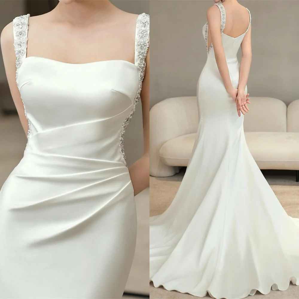 Personalizado sereia vestido de noite elegante camisa branca gola quadrada vestido de casamento clássico boné manga tribunal trem vestidos de noiva