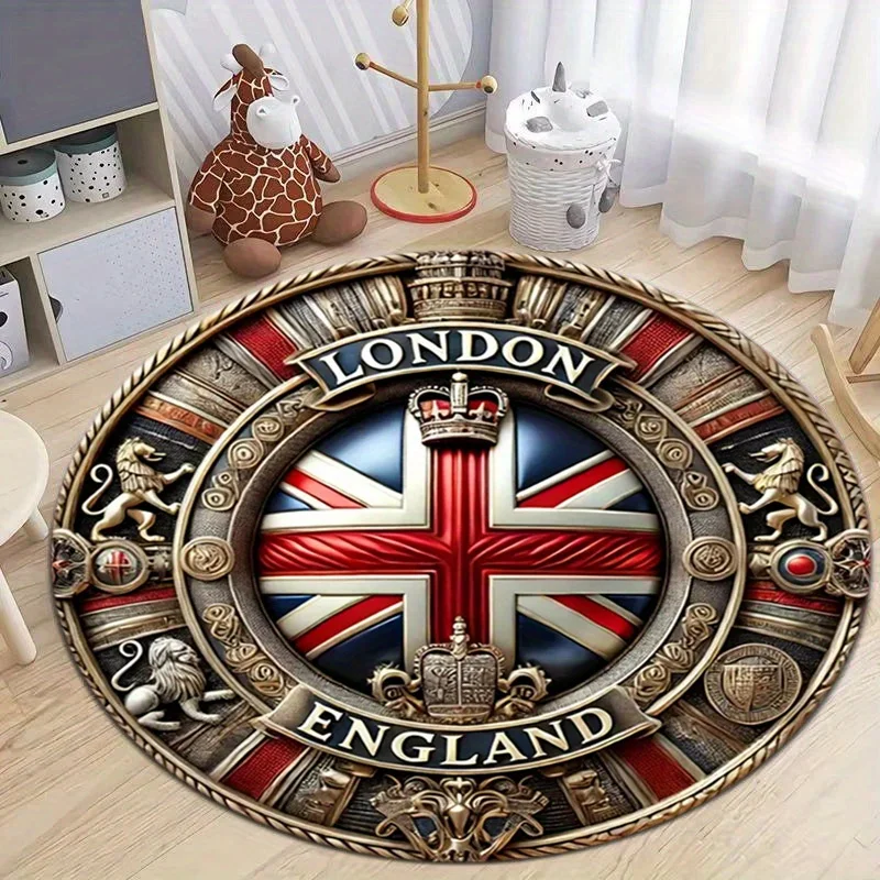 Union Jack Round Rug – Crystal Velvet Polyester Mat for Living Room, Bedroom & Balcony – British Themed Home Decor