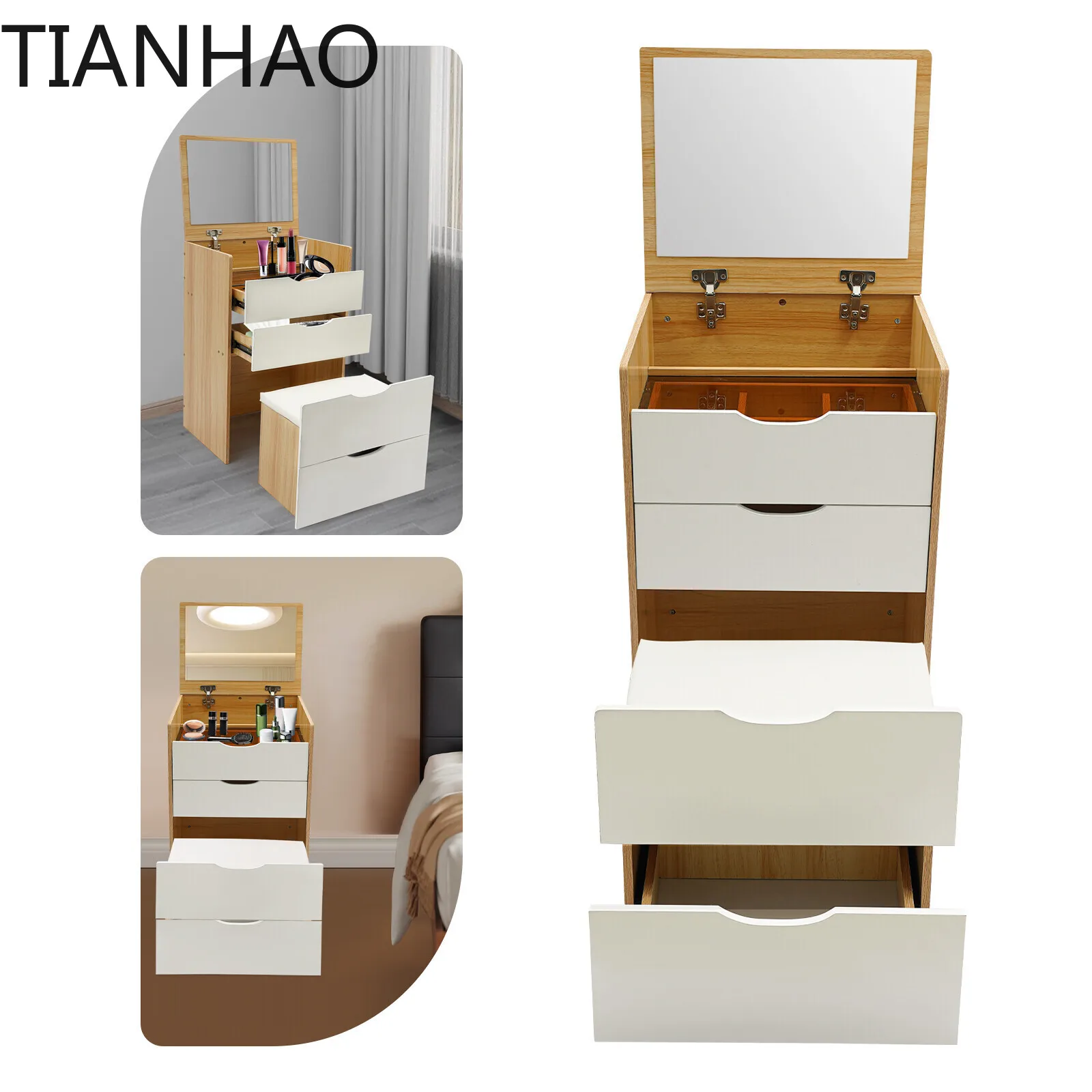 Modern Makeup Vanity Table with Mirror Storage Drawers Hidden Stool Space-Saving Design Easy Assembly for Women and Girls
