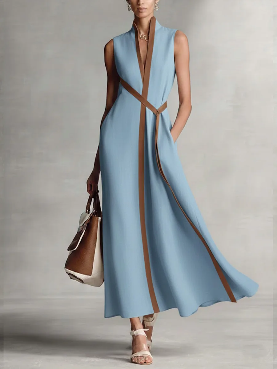 Retro Contrast Color Dress Simple Loose Elegant Fashionable Solid Color Stand-up Collar Sleeveless Loose Waist Belt Long Dresses