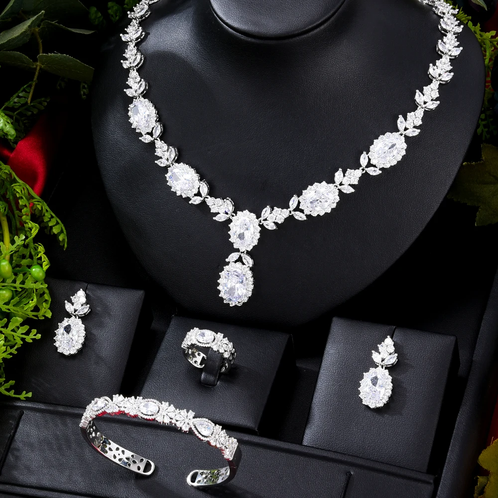 

Jimbora New Luxury Bridal Wedding Necklace Bracelet Earrings Ring 4pcs Set For Women Party Costume Jewelry Sets High Quality