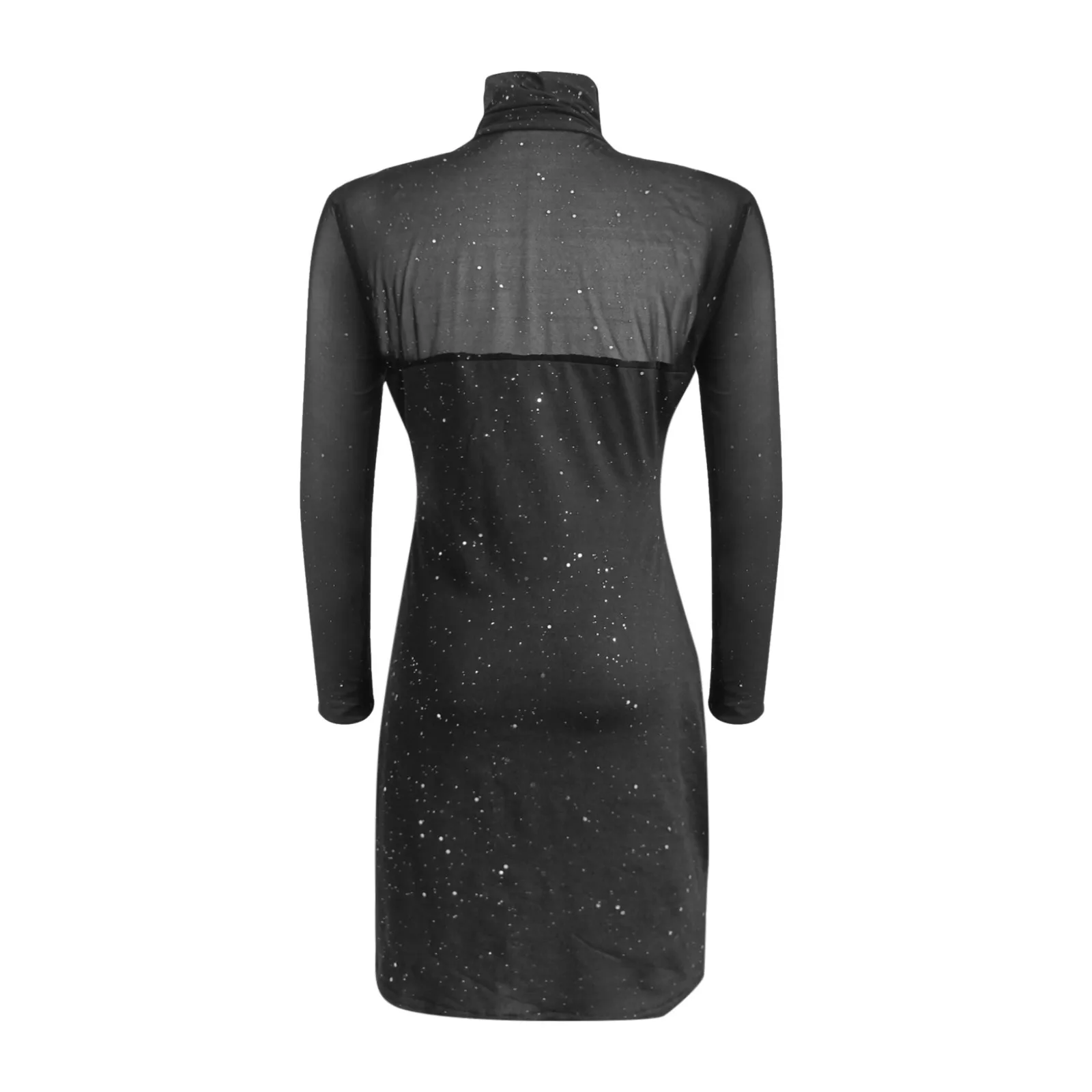 Women Elegant Turtleneck Sequins Dress Women Glitter Split Sheer Mesh Bodycon Dresses Ladies Long Sleeve Party Evening Dress