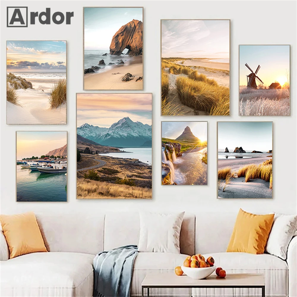 

Windmill Boat Sunrise Reed Canvas Posters Beach Wall Art Print Grass Painting Pictures Nordic Wall Poster Living Room Home Decor