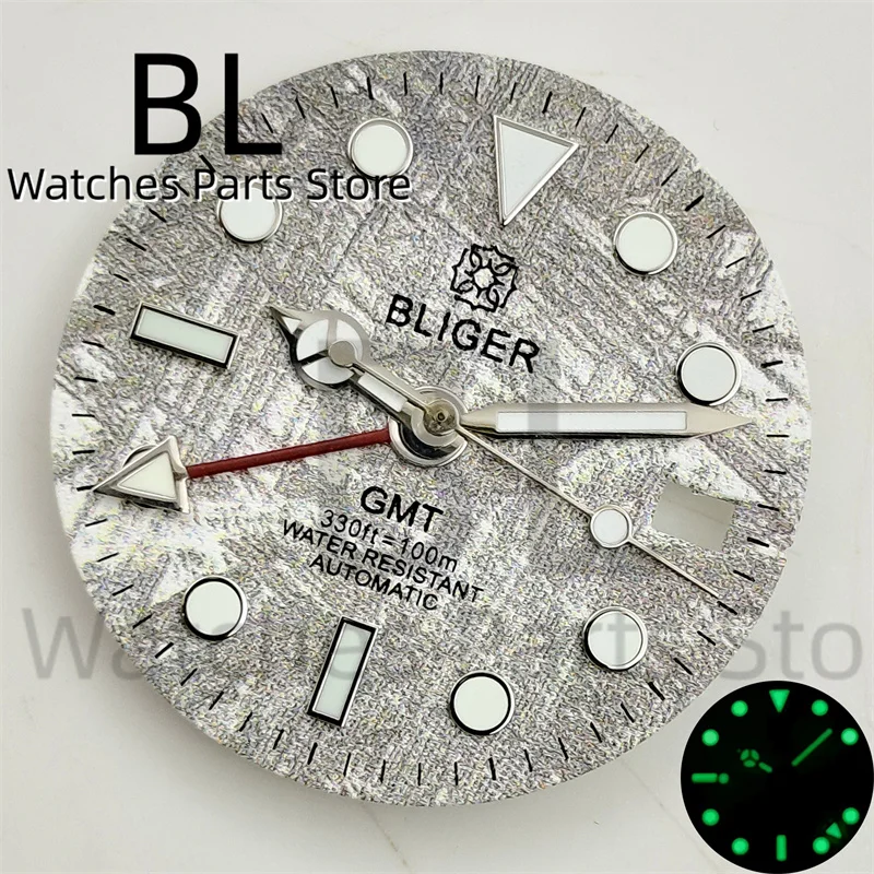 BLIGER 29mm Meteorite Watch Dial With Red GMT Hands Blue Red Bezel Suitable For 40mm Men\'s Watch Case NH34 Movement Luminous