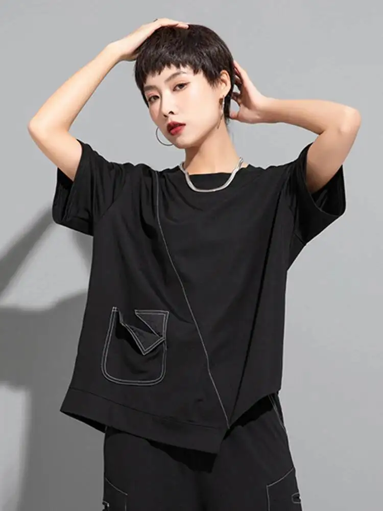 

Women White Topstitched Irregular Hem Big Size T-shirt New Round Neck Short Sleeve Fashion Spring Summer