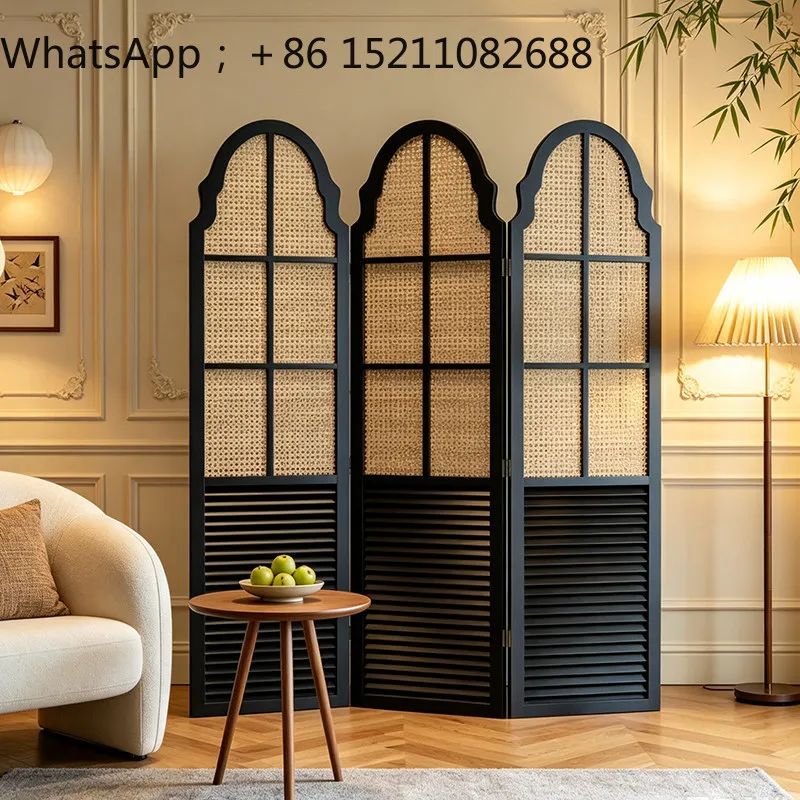 SCY retro solid wood rattan screen removable folding living room bedroom homestay blocking retro background wall