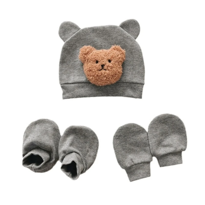 Newborns Baby Hat & Anti Scratches Gloves and Socks Set Cartoon Headwear Anti-grab Mittens and Foot Cover for Boys Girls