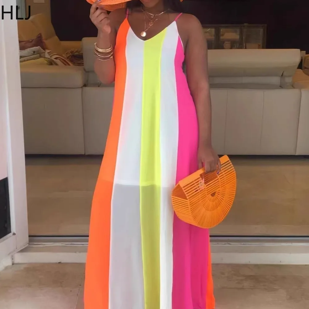 

HLJ Casual Rainbow Stripes Patchwork Bodycon Dresses Woman Spaghetti Strap Sleeveless Backless Female Streetwear Vestidos New
