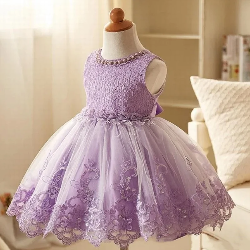 Purple Flower Girl Dress Pearl Neckline Appliques Lace Hem With Bow Sleeveless For Wedding Birthday Party Banquet Princess Gowns