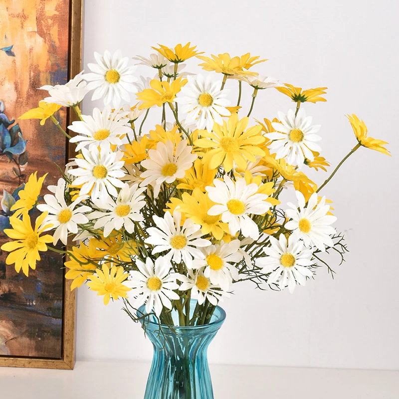 52 ซม.สีขาว Daisy ประดิษฐ์ดอกไม้ 5 หัวผ้าไหมสีขาว Chamomile ดอกไม้ปลอมช่อดอกไม้ DIY Home Garden Party งานแต่งงานตกแต่ง