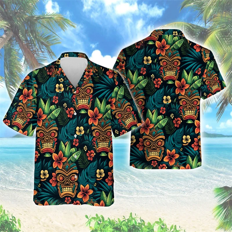 Hip Hop Hawaiian Tiki Mask 3D Printed Beach Shirt Harajuku Fashion Shirts For Men Clothes Polynesia God Short Sleeve Aloha Tops