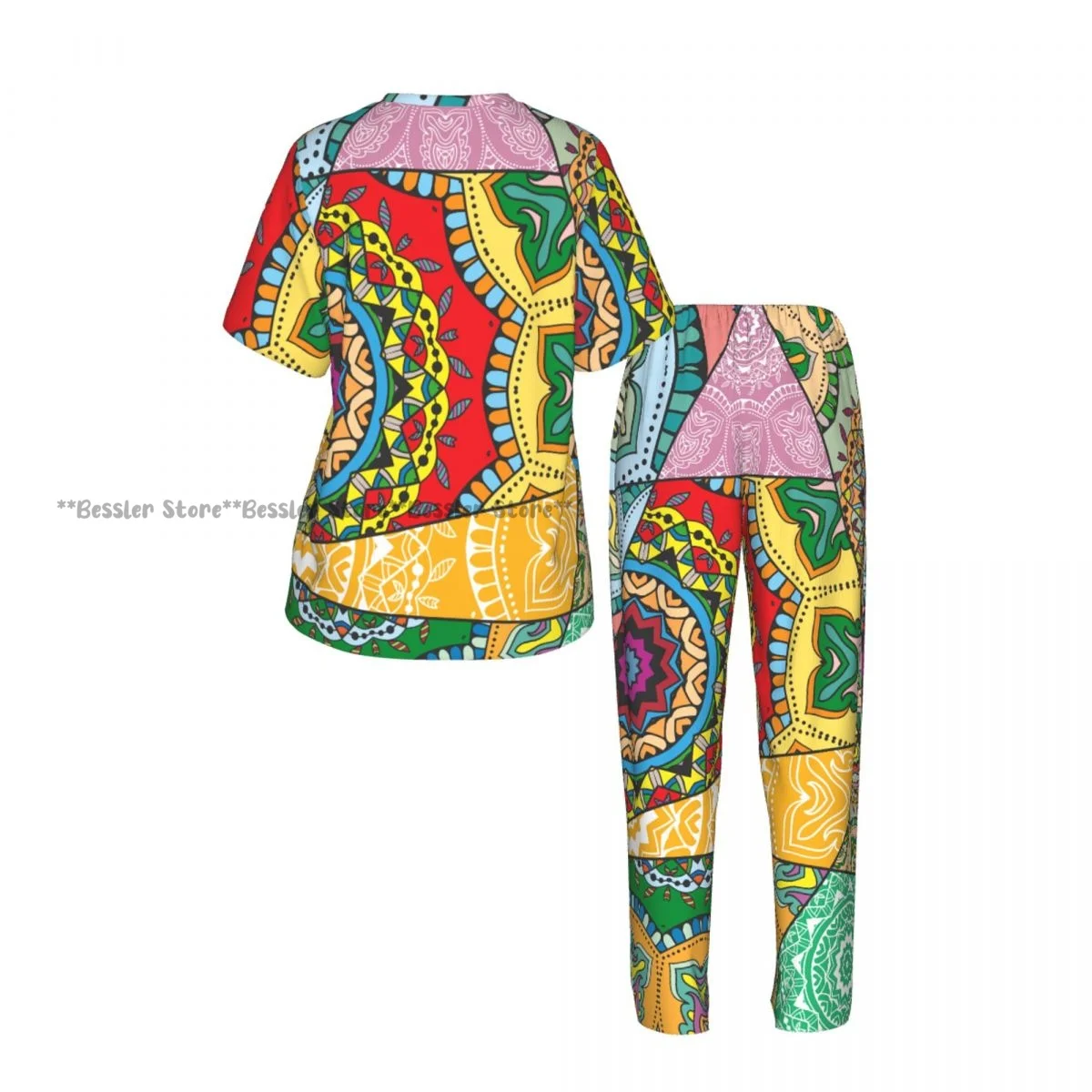 Vintage Indian Arabic Turkish Mosaic Print Pajamas Set Short-sleeved Women Home Clothing view 3