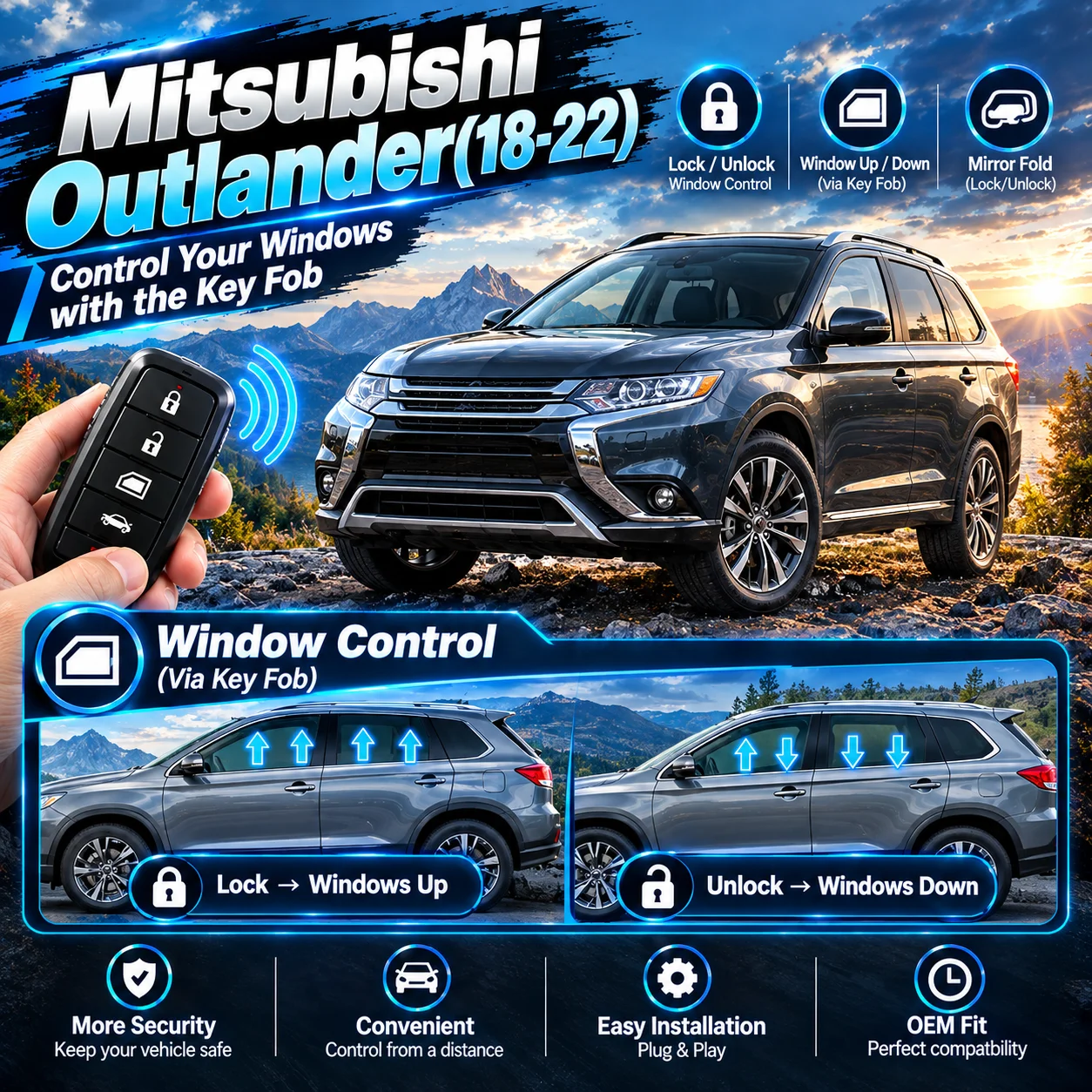 Automatic window-closing module for Mitsubishi Outlander (2018–2022) — automatically closes windows upon locking the vehicle.