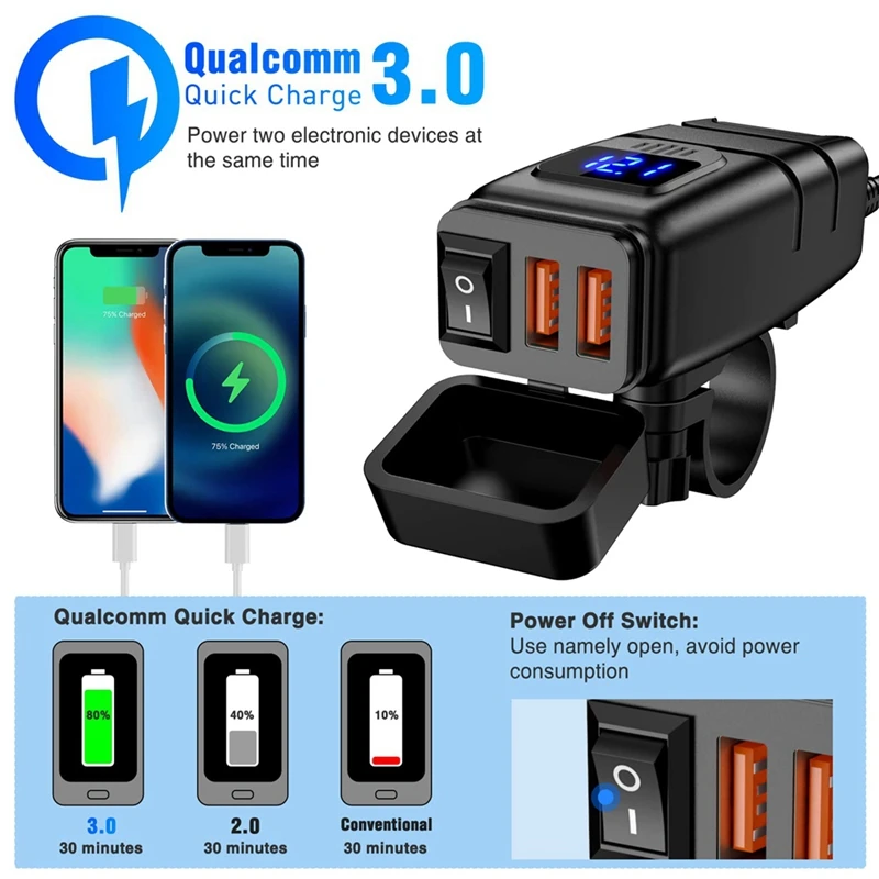 Motorcycle USB Charger 6.8A Quick Charge 3.0 Dual USB Motorcycle Phone Charger With Voltmeter & ON/Off Switch