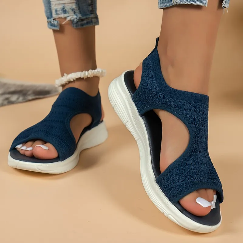 Women Summer Knitted Sports Sandals Casual Slip-On Thick Multifunctional Mesh Stretch Beach Shoes