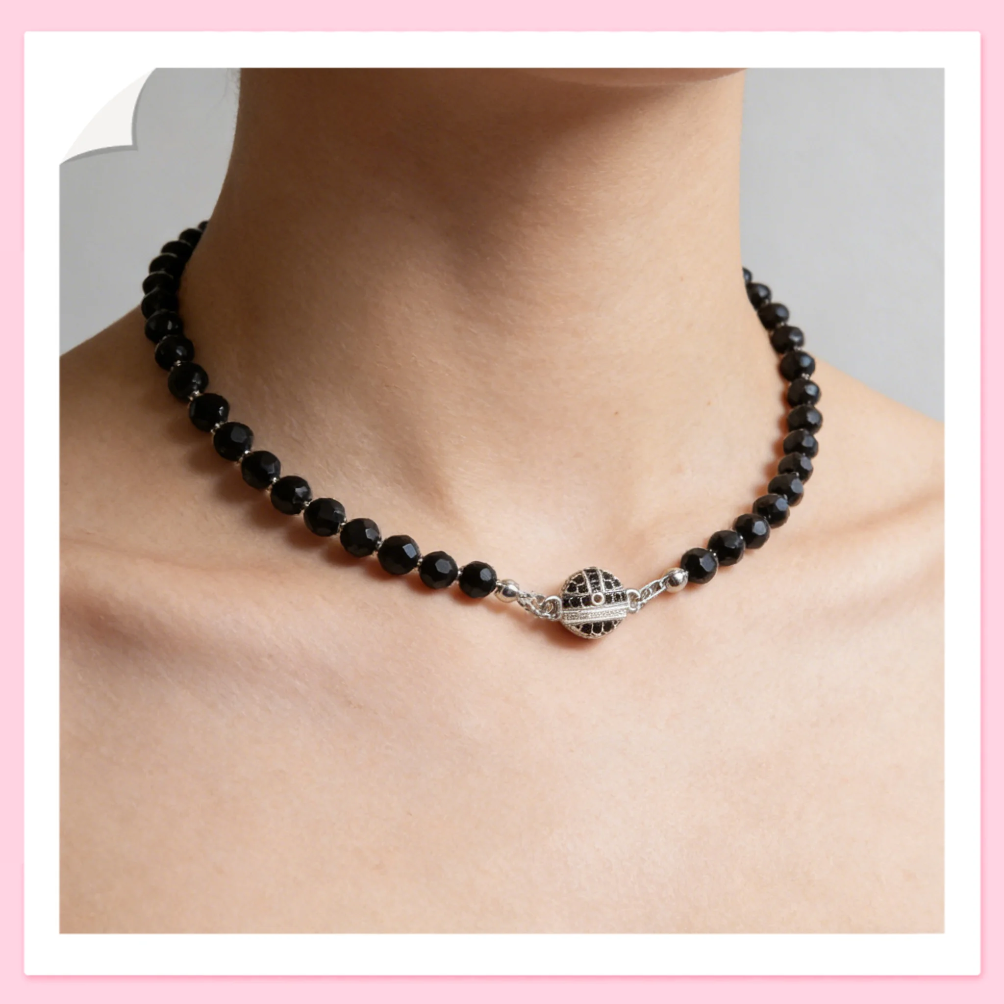 

Black Faceted Bead Choker Necklace, Silver Rhinestone Clasp Gothic Minimalist Jewelry for Women