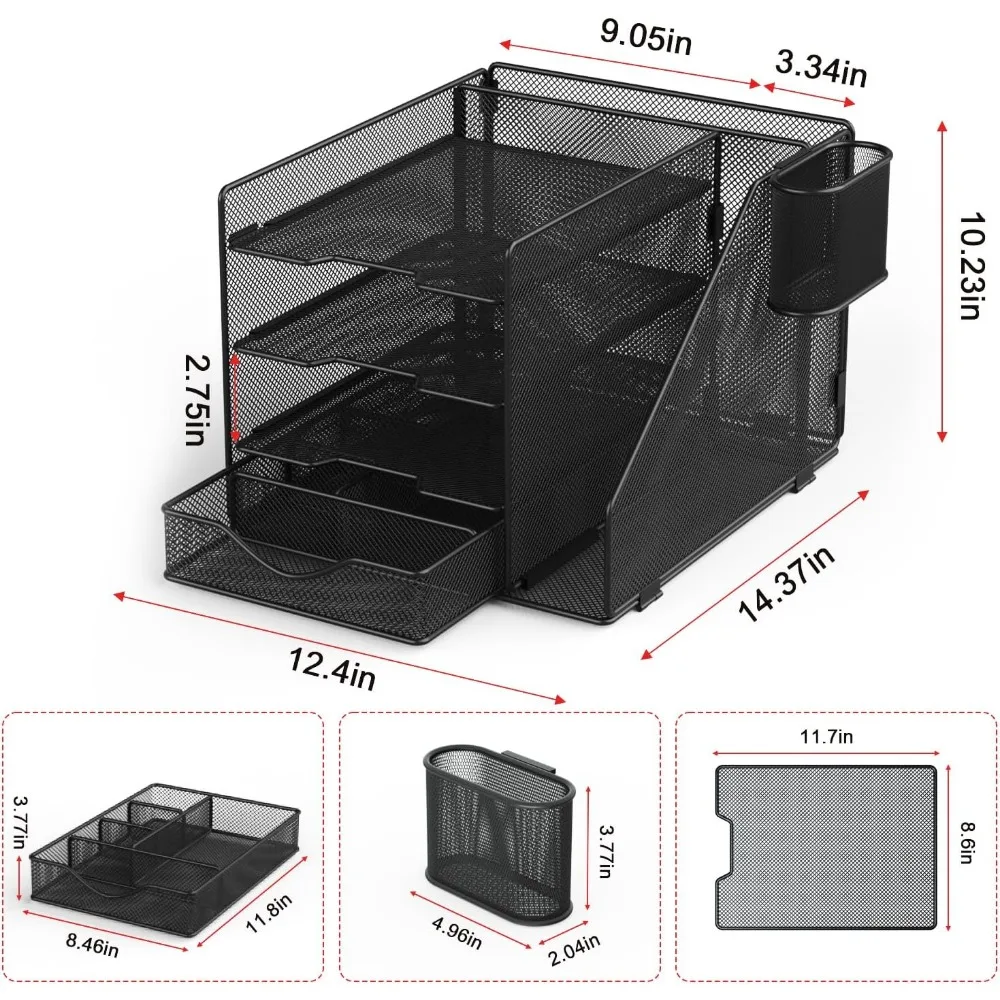 organizer da scrivania con portadocumenti sospeso, vassoio porta lettere in carta con cassetto e portapenne, organizer da scrivania in rete e portaoggetti