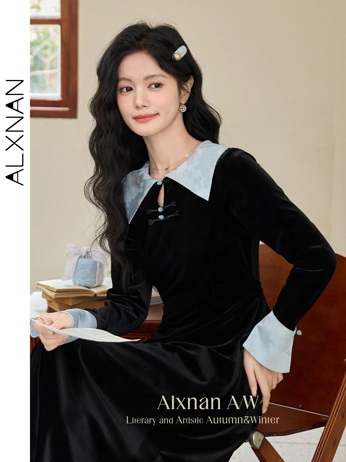 ALXNAN Fluwelen Warme Jurken voor Vrouwen Patchwork Revers Kraag Knoop Knop Lange Mouw Midi Jurk 2024 Winter Slanke Kleding L52212