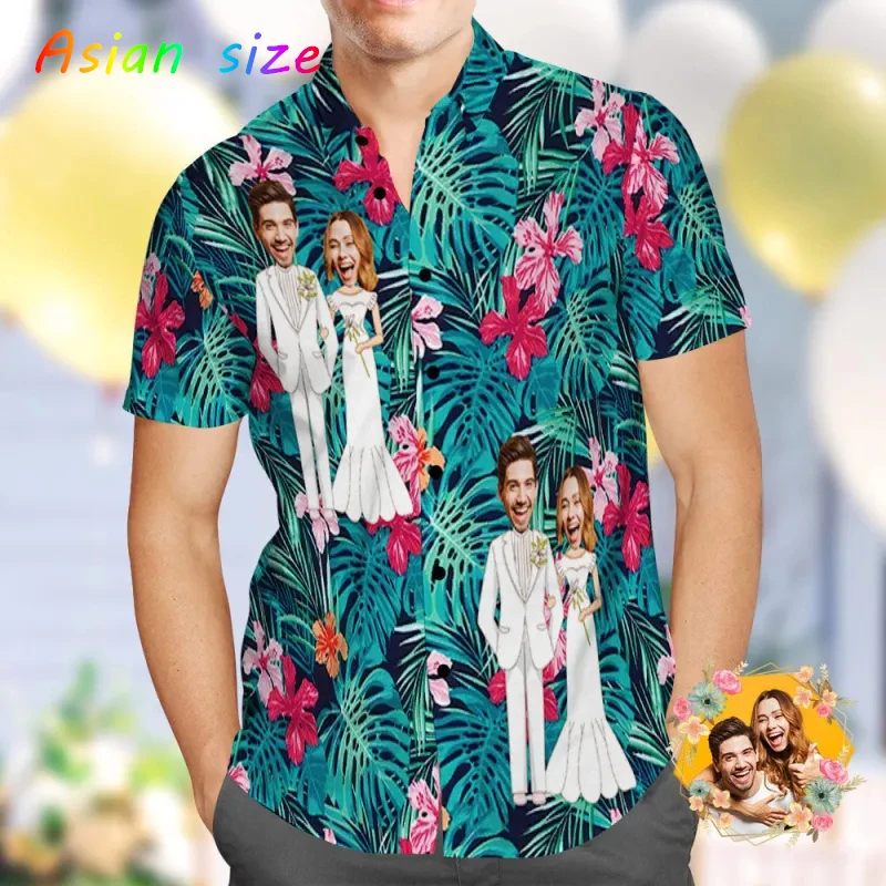Koszule hawajskie dla par 2025, stroje dla par, koszule męskie i damskie z nadrukiem 3D twarzy, śmieszne koszule ślubne, personalizowane koszule plażowe, koszule z klapami, camisa