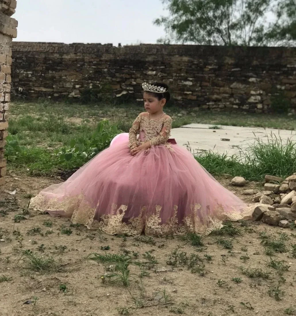 Vestidos rosas de flores con lazo enorme para niña, vestido de desfile de princesa de lujo con mangas completas para fiesta de cumpleaños, primera