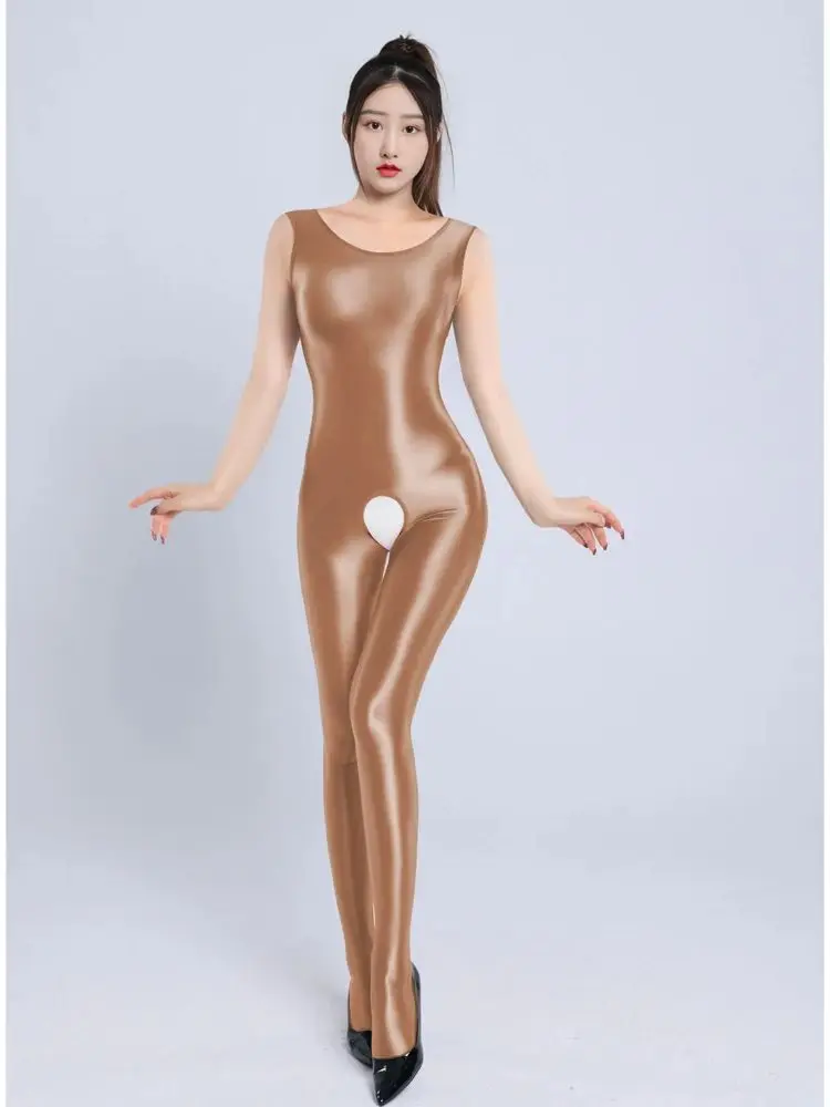 M XL Unisex Sleeveless Tank Catsuit Glossy Shiny Bodystocking Crotchless Open Crotch Bodysuit Tights Sexy Leotard Conjoined Body