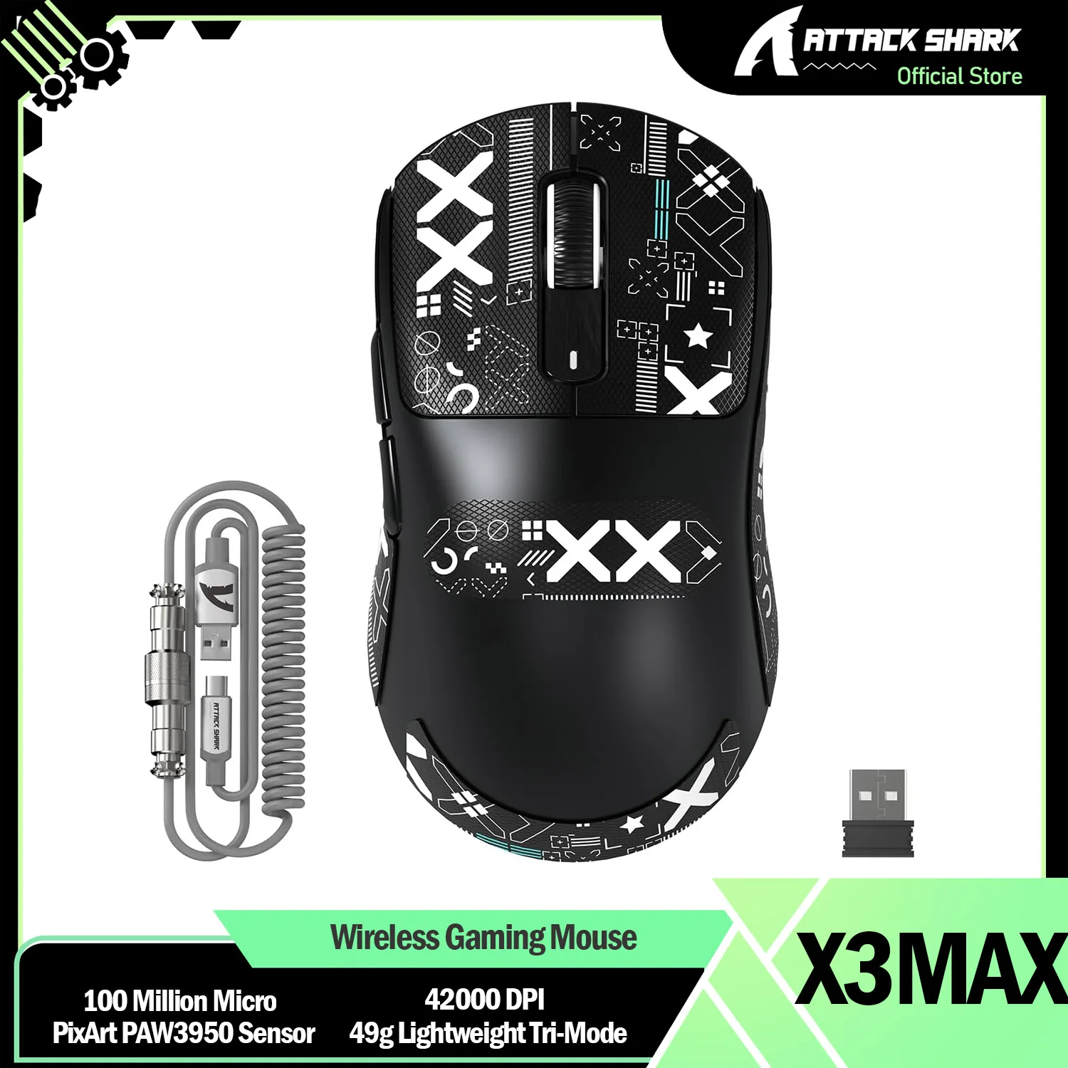 ATTACK SHARK X3MAX Wireless Gaming Mouse,PixArt PAW3950 Gaming Sensor,Up to 42000 DPI, 49g Lightweight Tri-Mode
