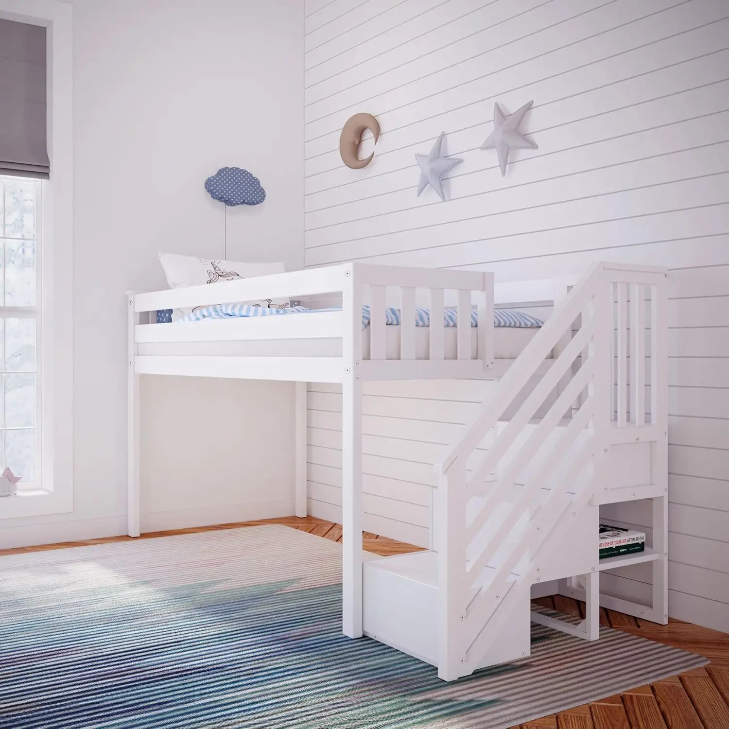 

Low Loft Bed, Twin Bed Frame For Kids With Stairs, White