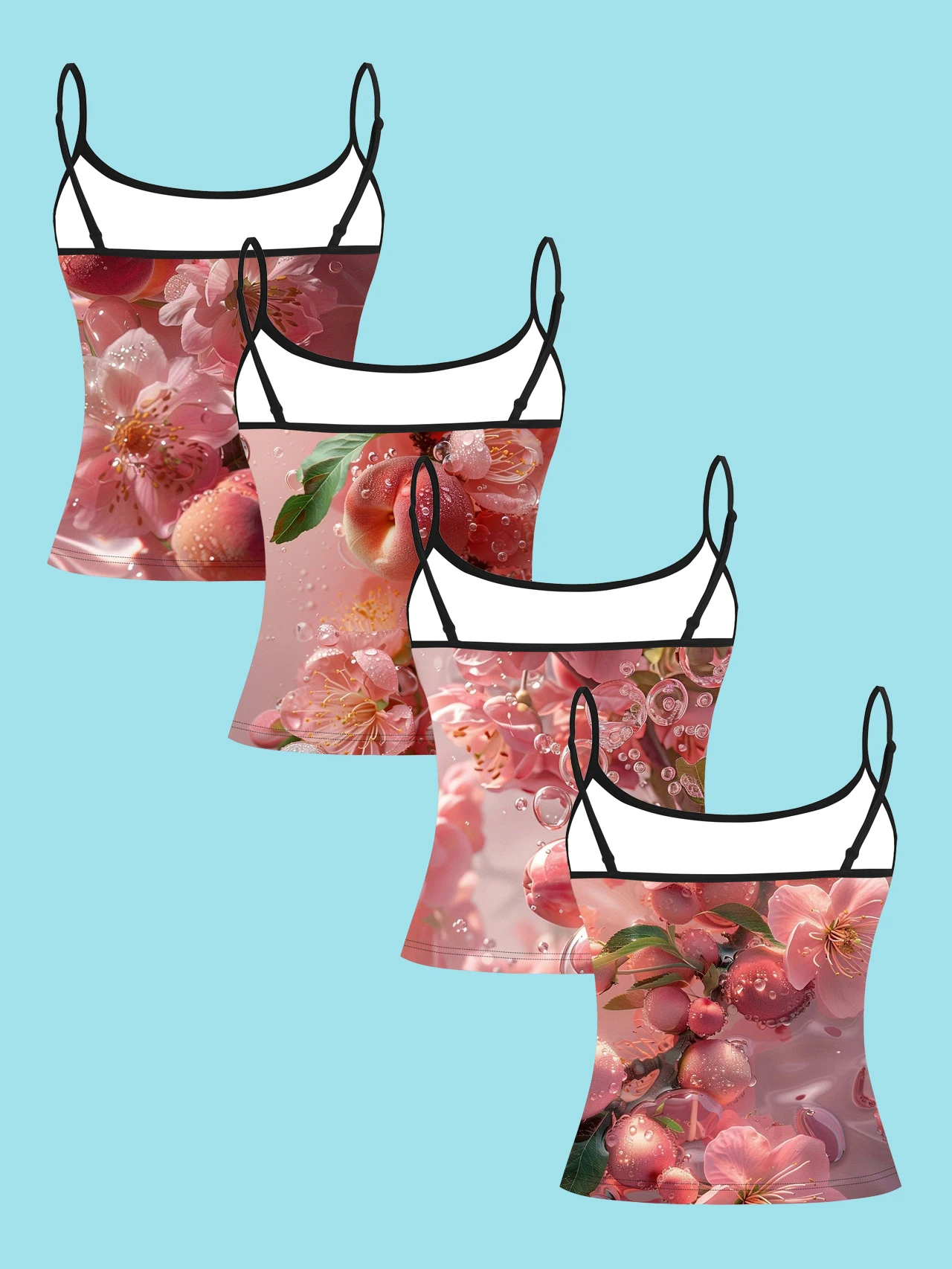 4-Piece Set of Sweet and Cool Girl-Style Peach and Peach Blossom Waterdrop Realistic Print Camisole for Women, Pink Peach Blossom Floral Spaghetti Strap Waist-Cinching Slim-Fit Base Top, Cross-Border Summer Vacation Casual Outerwear Camisole