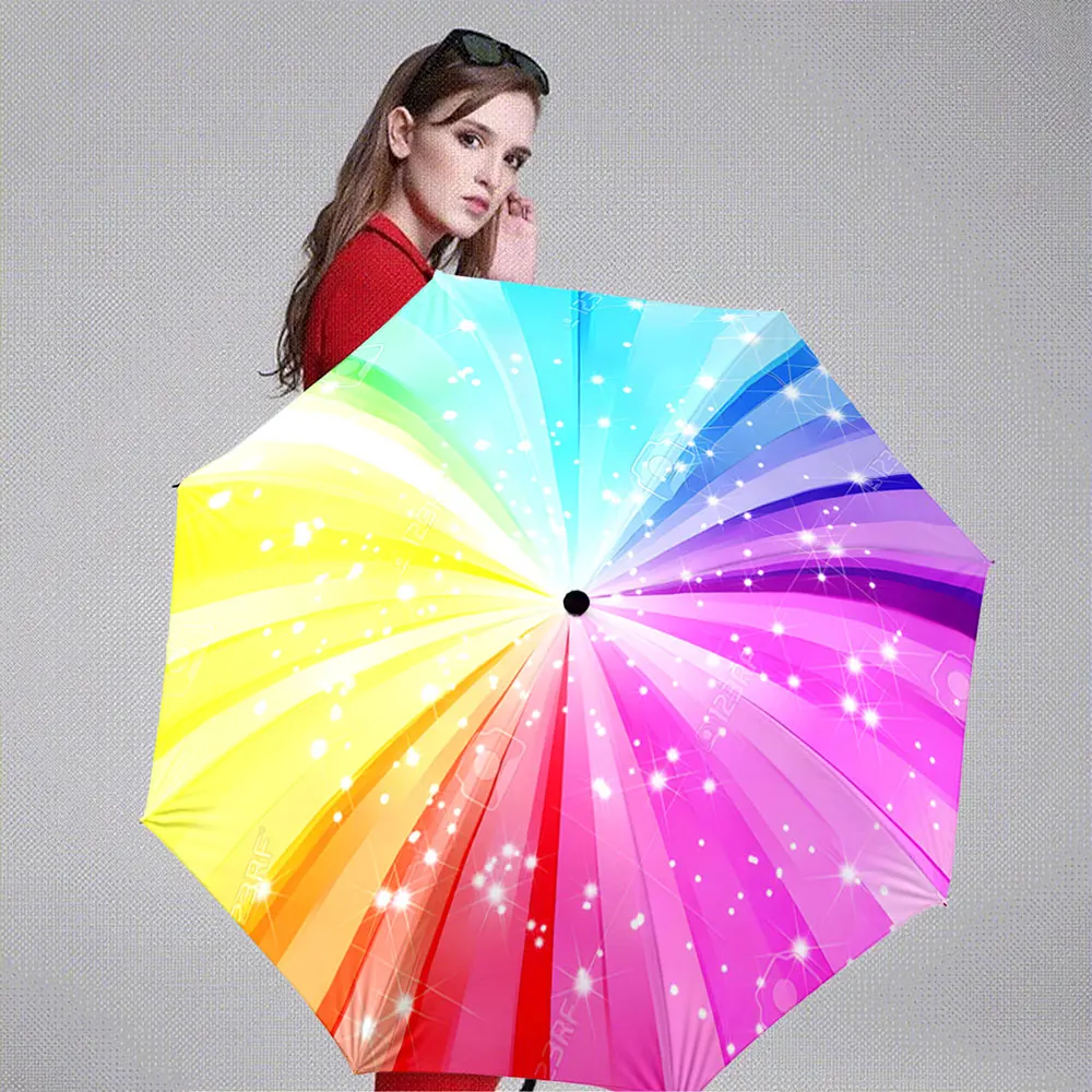 Colorful Gradient Rainbow Pattern with Sparkling Stars portable waterproof sun rain umbrella for outdoor travel beach