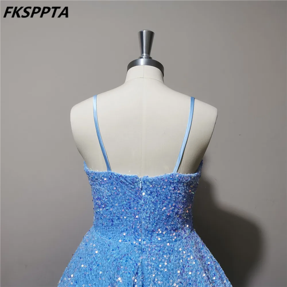 Vestido de graduación azul para mujer, Falda corta A capas, tirantes finos, lentejuelas elásticas, brillante, vestidos de fiesta de cumpleaños, personalizado