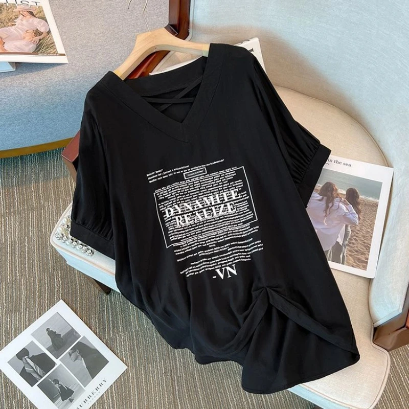 Slit Hem Loose Print Letter Street Casual Tops Summer New Short Sleeve Irregular Fashion T Shirts Harajuku Korean Women Clothing