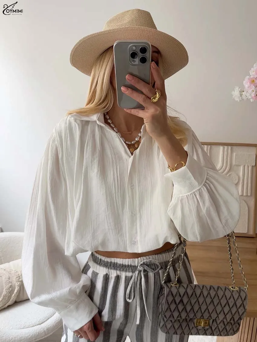 

Oymimi модные белые плиссированные женские рубашки повседневные рубашки с отложным воротником и длинными рукавами элегантные однобортные укороченные блузки женские