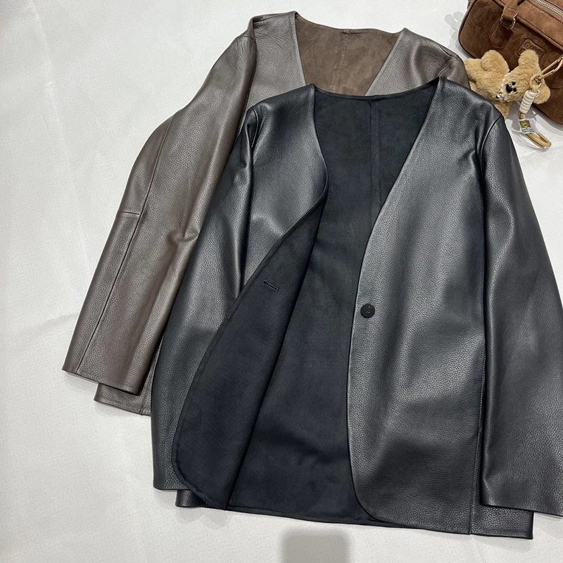 Veste en cuir pour femmes, mode printemps-automne, café, Grain Litchi, peau de chèvre, un bouton, col en v, veste de costume, technologie Composite