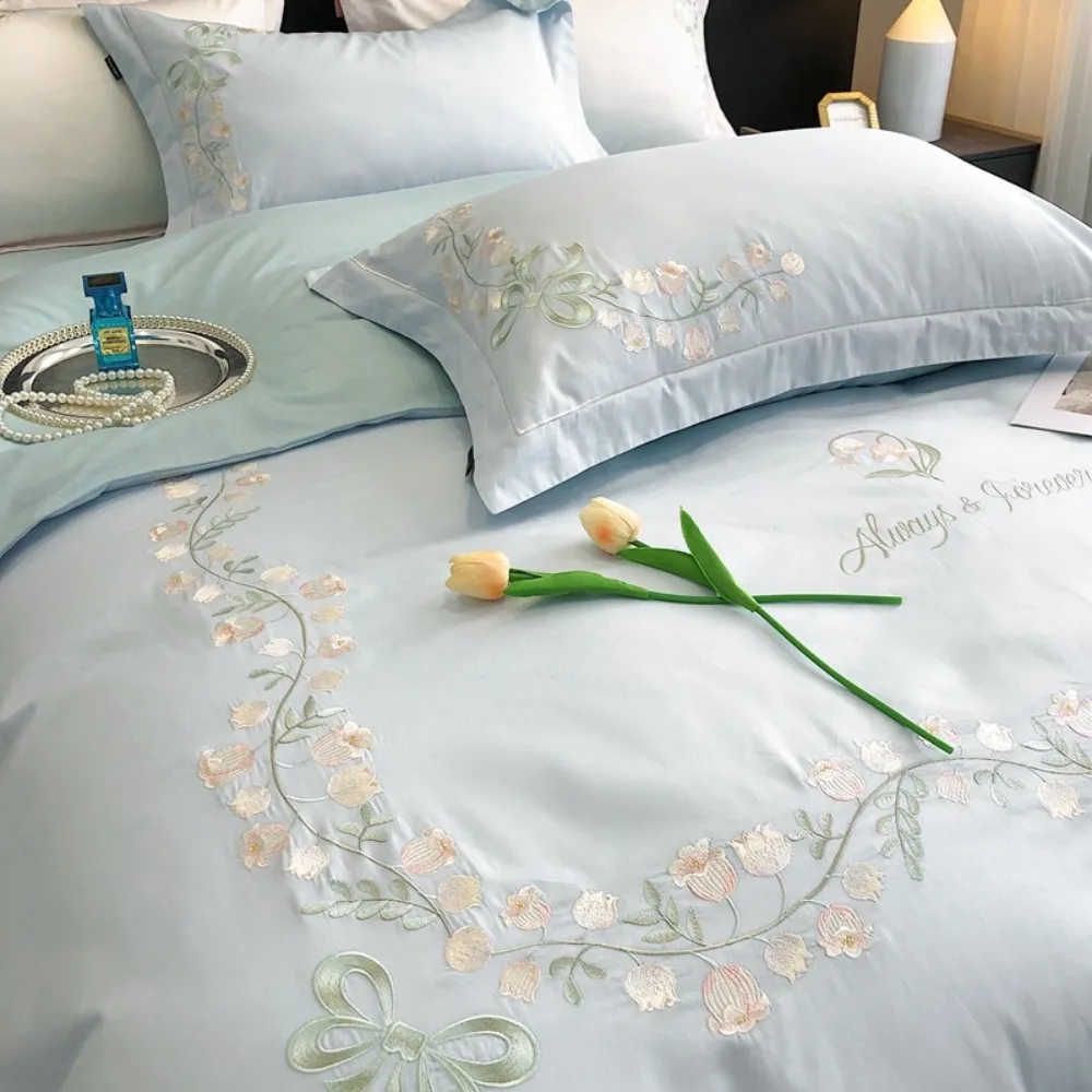 100% Egyptian Cotton Duvet Cover Set Luxury Bedding Set Chic Embroidery Quilt Cover Set Bed Sheet/Fitted Sheet Pillowcases 4Pcs