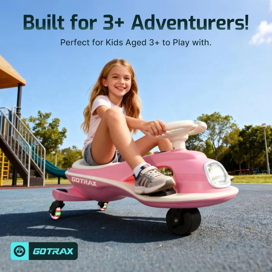 子供用電動ウィグルカー、12V大容量バッテリーで最大120分の遊び時間、音楽スピーカーと後部フラッシュホイール、バッテリー表示と簡単操作