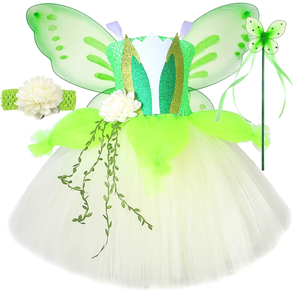 3 Layers Frog Princess Tiana Costumes for Girls Lotus Flower Fairy Tutu Dress with Wings Kids Christmas Halloween Fancy Outfits