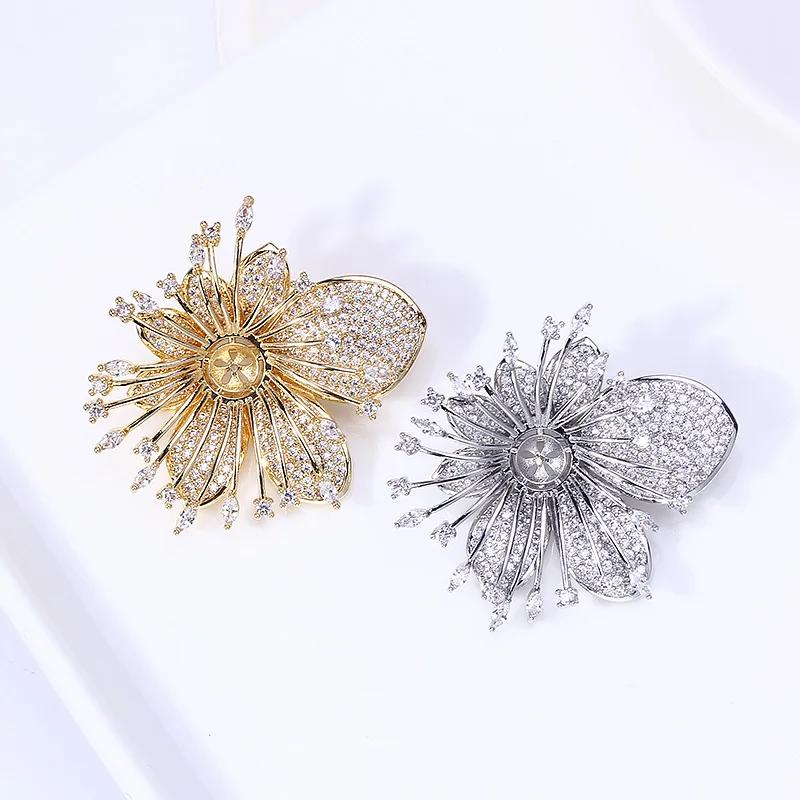 DIY Copper Gold Plated Inlaid Pattern Zircon Pearl Brooch Blank Base, Trendy Corsage Jewelry Findings For Women