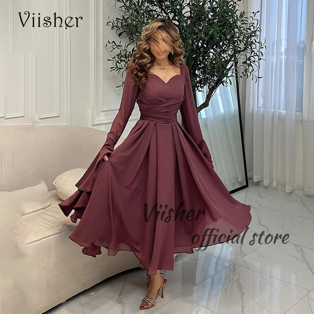 

Viisher Burgundy Chiffon Evening Dresses Long Sleeve V Neck Prom Dress Arabian Dubai Formal Party Gowns Ankle Length 2024