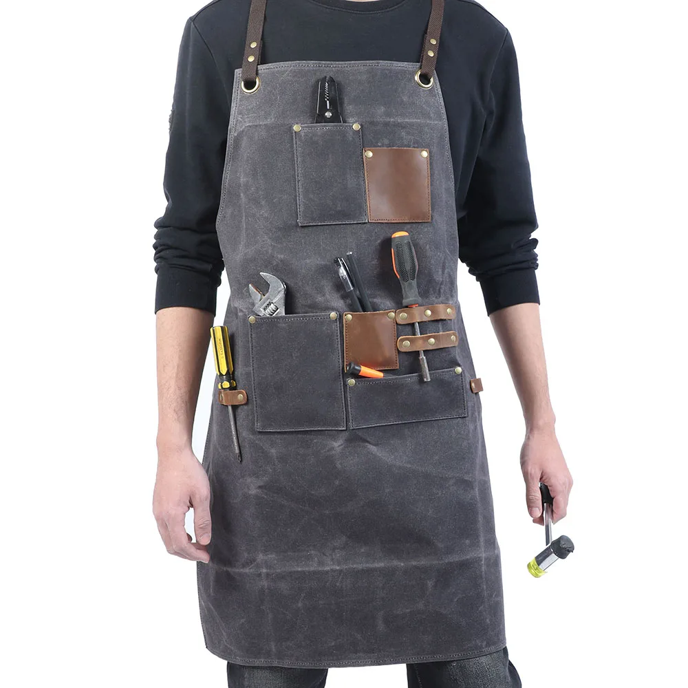 S.WORKER Leinwand-Arbeitsschürze mit Echtem Leder für Friseure und Gärtner, Professionelle Schürze mit Verstellbarer Taille und Taschen – Detail 4
