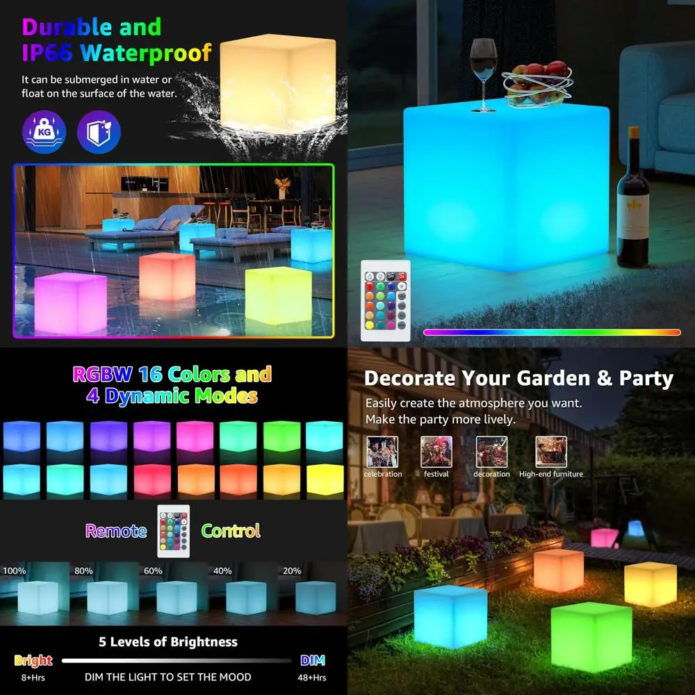 

12 Rechargeable LED Cube Chair Light, Solar-Powered, 16 RGB Colors, Remote Control, Waterproof Kids' Night Light for Home, Patio