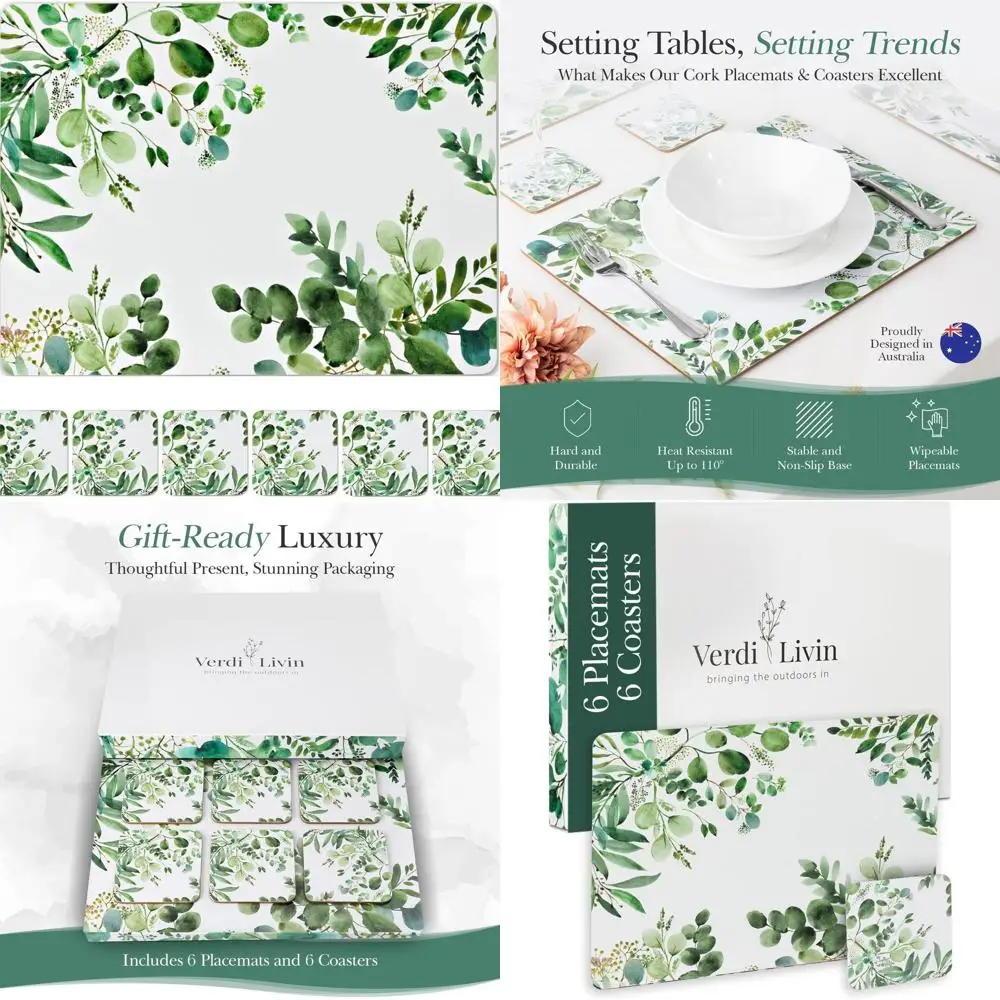 

Set of 6 Heat-Resistant Cork Coasters, 16x12, Wipe Clean Green Leaf Design for Dining