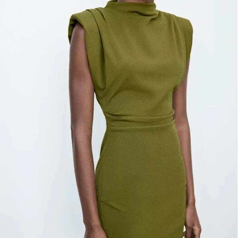 Modisches Schulterpolster-Westenkleid, elegantes Retro-Grün, schmale Passform, kurzes Kleid, lässige Dame, ärmellos, schick, Streetwear, einfacher Stil